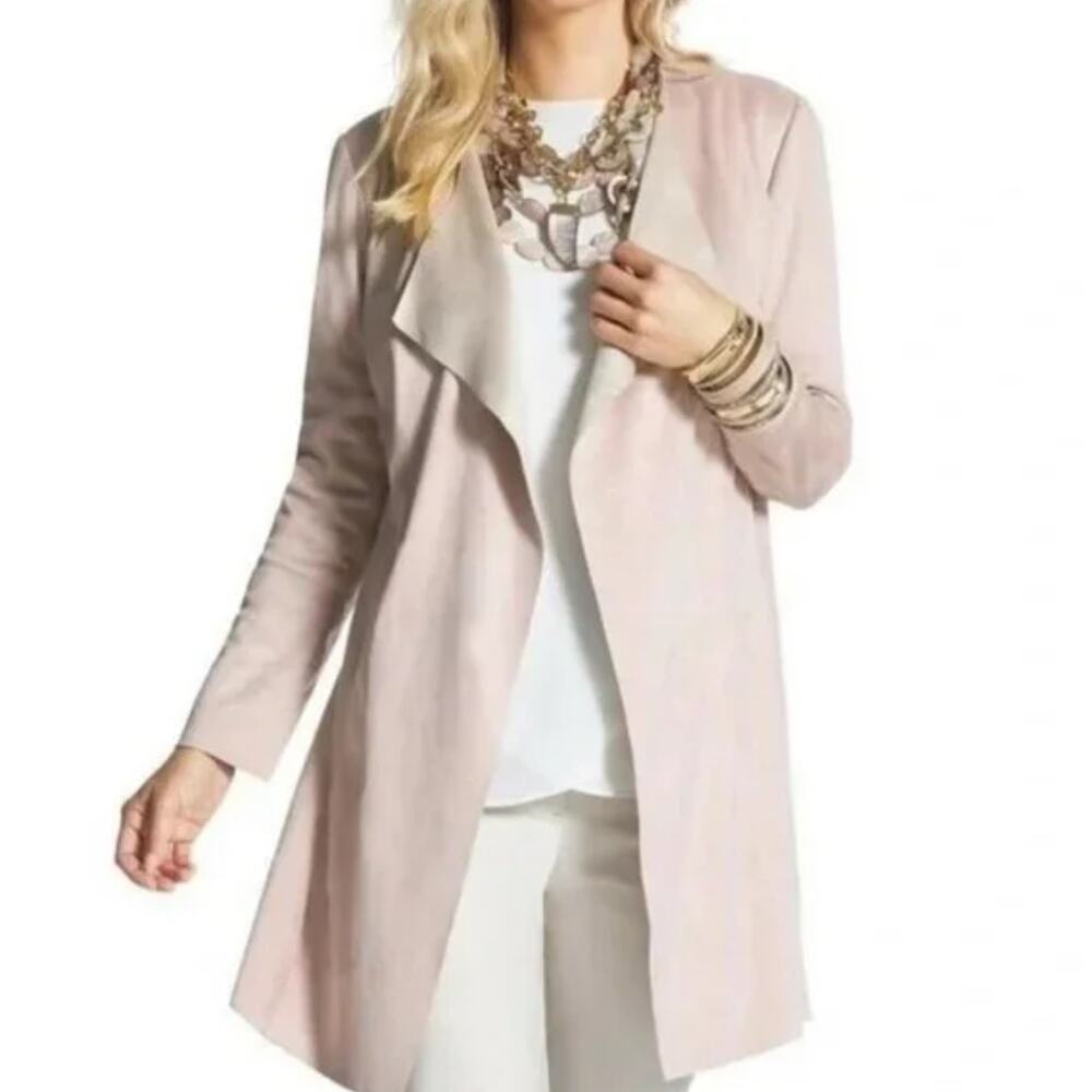 Chicos Pink Duster Double Faced Faux Suede Pink Peony Long Sleeve Open Jacket 2